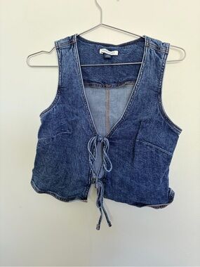 American Eagle Outfitters Denim Tie-Front Vest in Blue with Orange Stitching